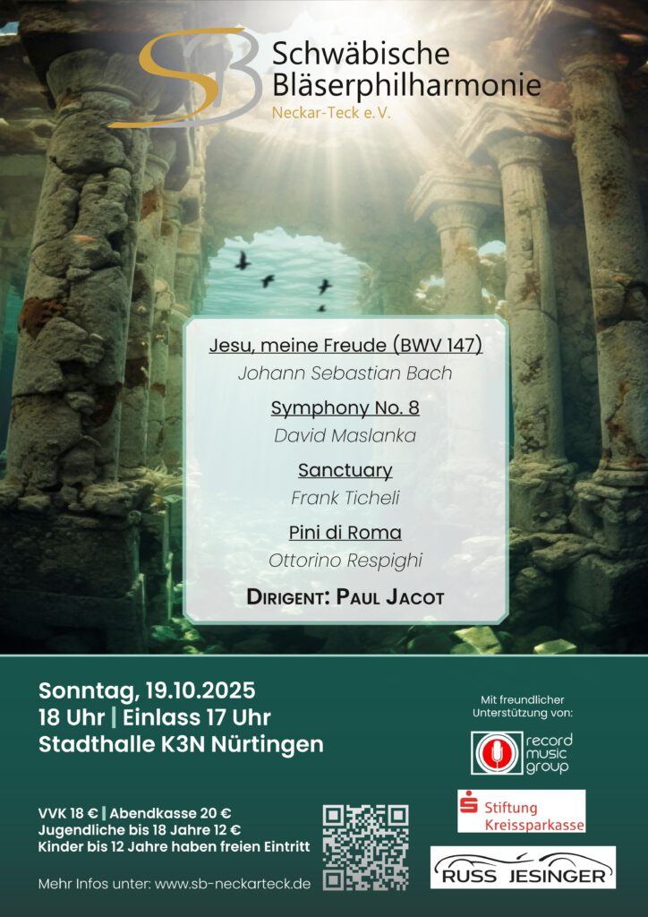 Konzertplakat für die Schwäbische Bläserphilharmonie mit Informationen zu Aufführungen und Dirigent.